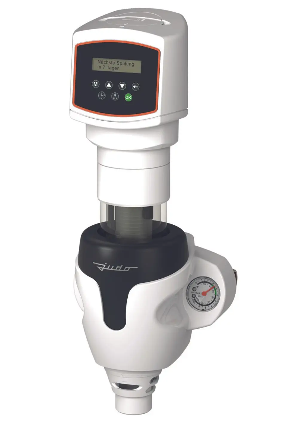 Automatischer Rückspülfilter in weiß mit digitalem Display. Druckanzeige seitlich. Marke Judo sichtbar. Hauptteil zylindrisch mit Anschluss unterhalb.